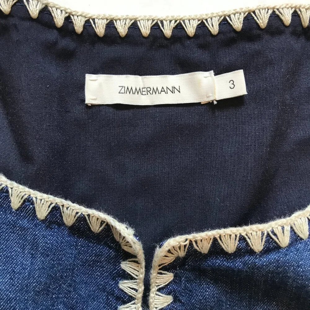 Zimmermann Chintz Denim Smock Top Shirt Blouse Womens 3 Large Blue Cotton Boho